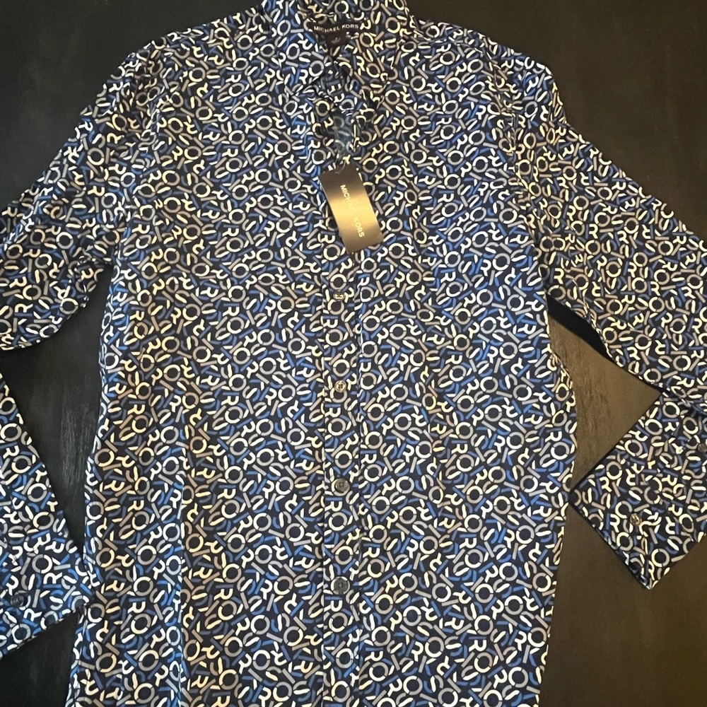 Michael Kors Navy, White & Light Blue Geometric Logo Button-Up